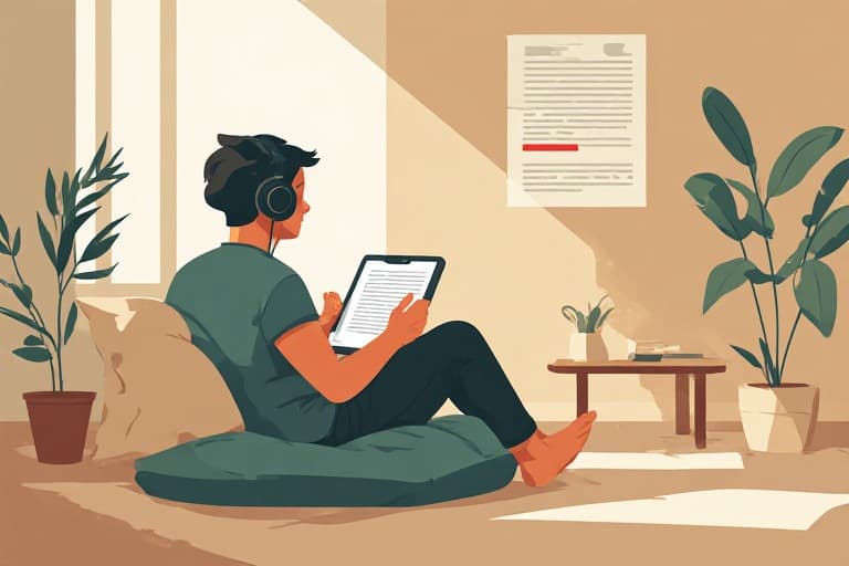 Someone sitting back on a floor cushion in headphones, reading from a tablet in a room with plants and a sunlit wall