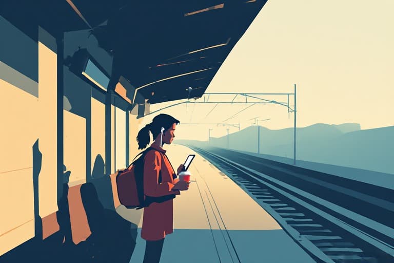 Someone waiting on a station platform with earbuds in, phone in one hand and a coffee in the other