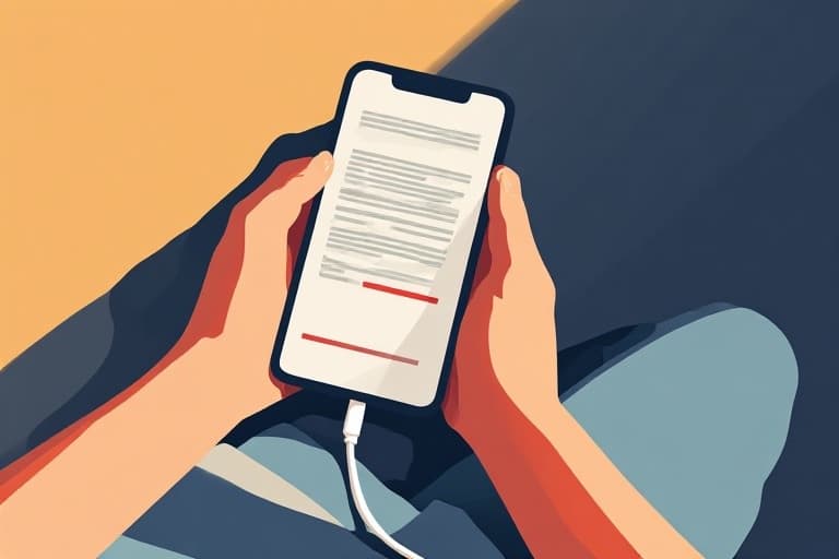 Looking down at a phone held in both hands, an article on screen with two lines marked in red and an earbud lead running from it