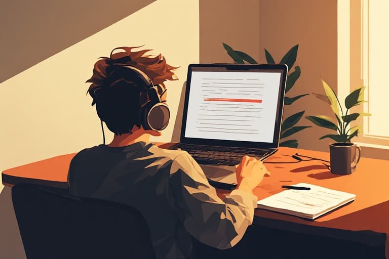 Someone at a laptop in headphones, listening back to a document with a line of it underlined in red