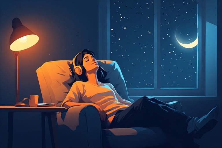 Someone reclining in an armchair with their eyes closed and headphones on, a crescent moon in the window behind