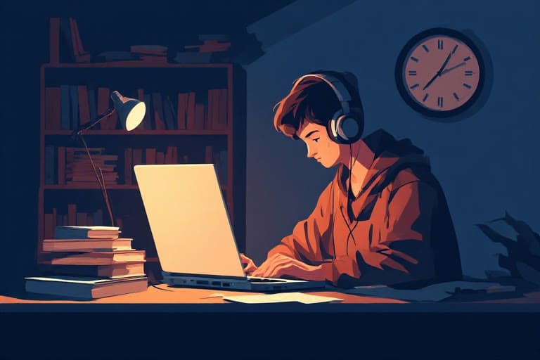 Someone working late at a desk of books and a laptop, wearing headphones